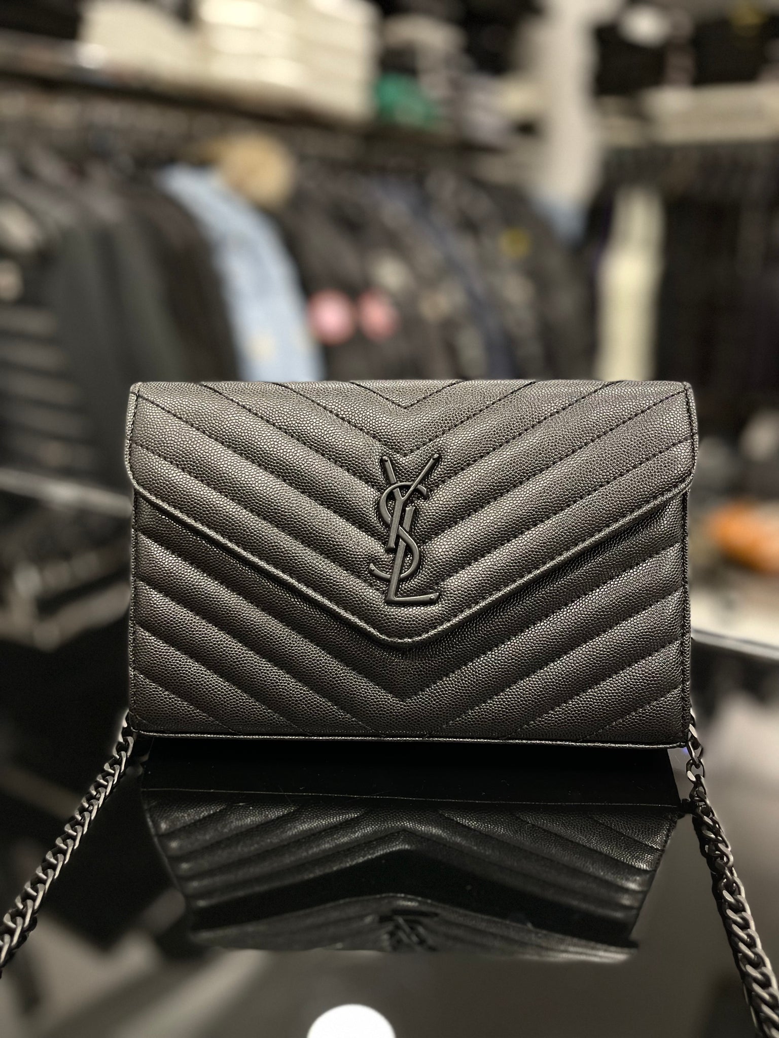 Yves Saint Laurent Cassandre wallet on chain black bag